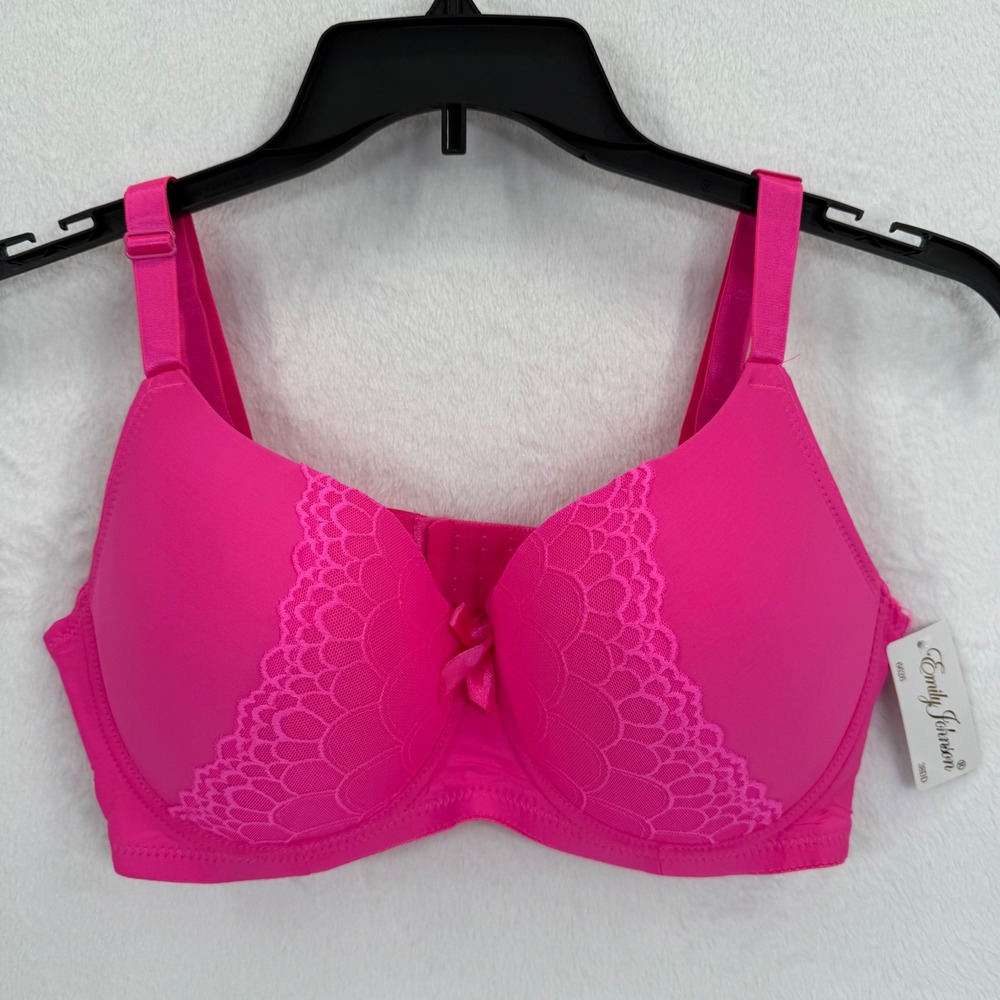 Emily Johnson Bra 38DD Hot Pink Lace Trim‎ Full Coverage Padded Underwire